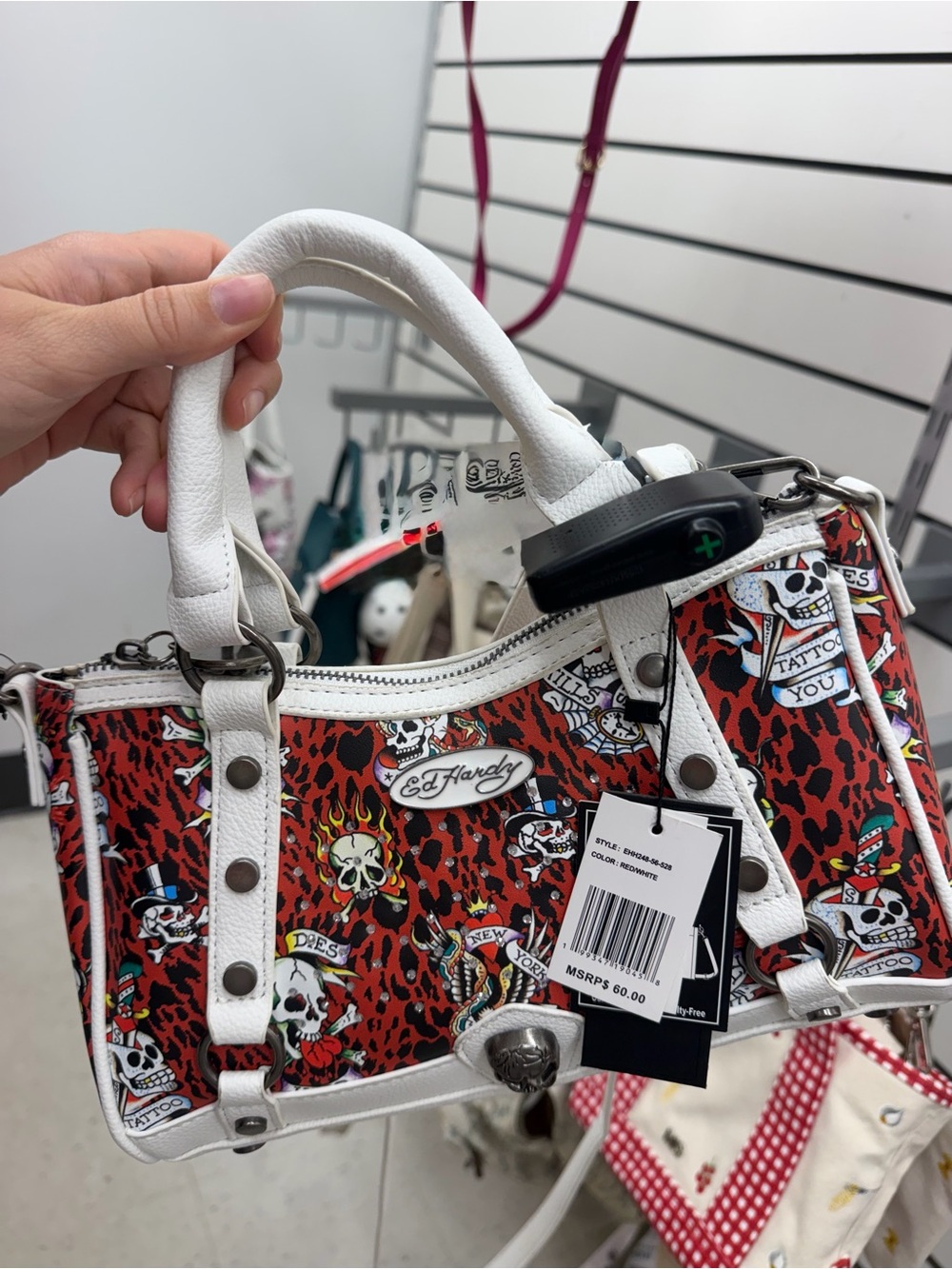 Ed Hardy Red Tattoo-Print Mini Satchel with White Trim